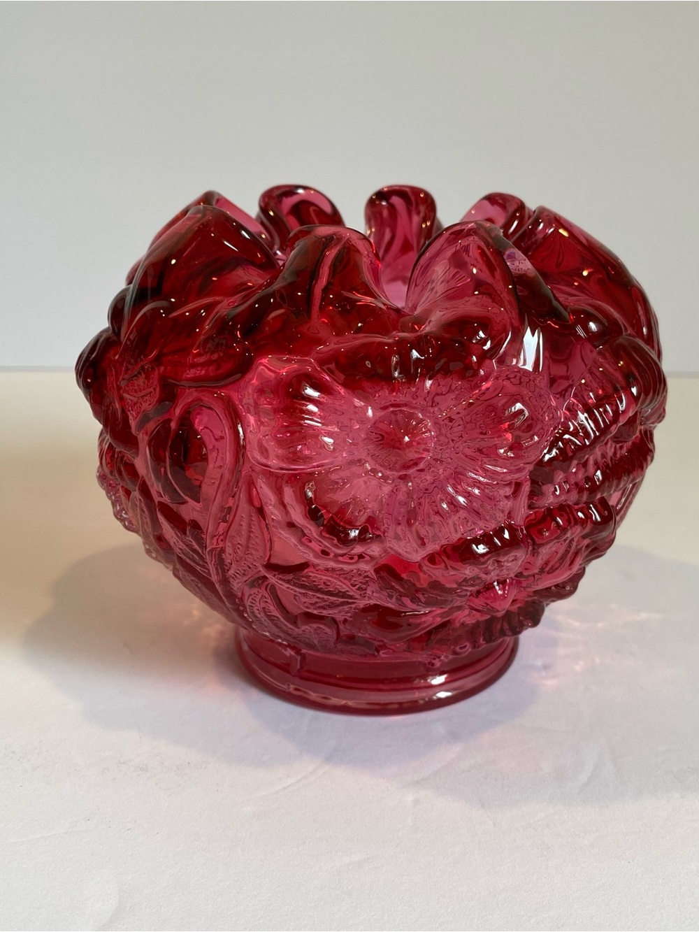 Vintage Fenton Art Glass Poppy Pattern rose bowl in  Vibrant Cranberry Red